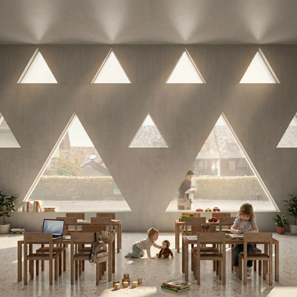 Covered passage connecting day-care and school volumes.