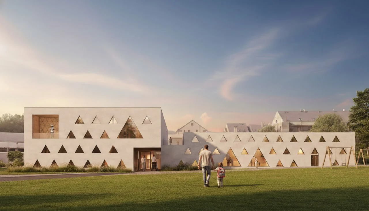 Contemporary nursery playroom with minimalist concrete walls.