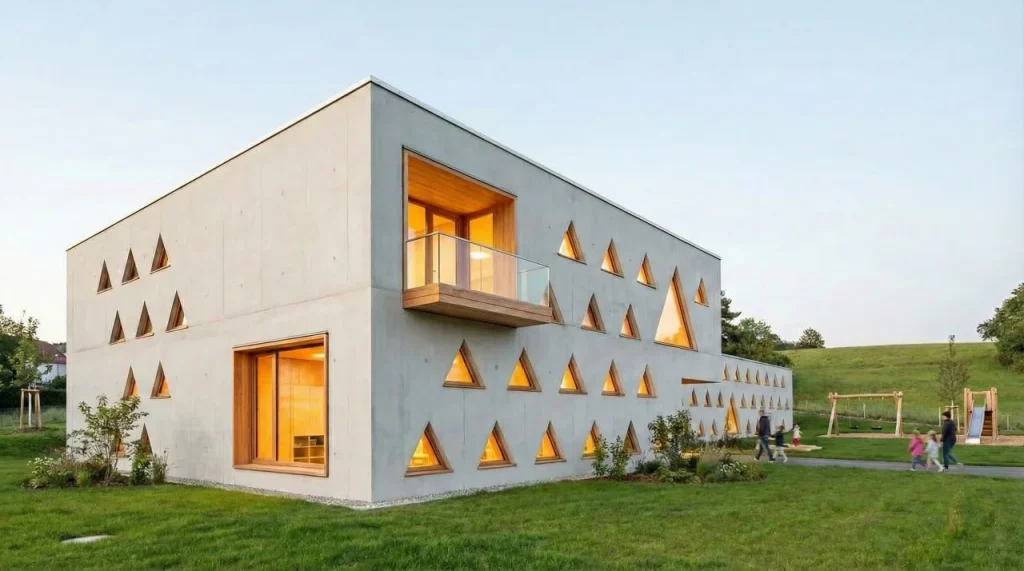 Modern day-care center integrated into urban infrastructure.